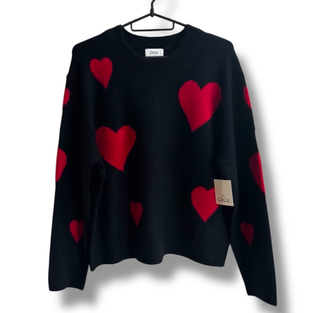 Cece Cozy Heart Pattern Black Sweater Medium Used with Care